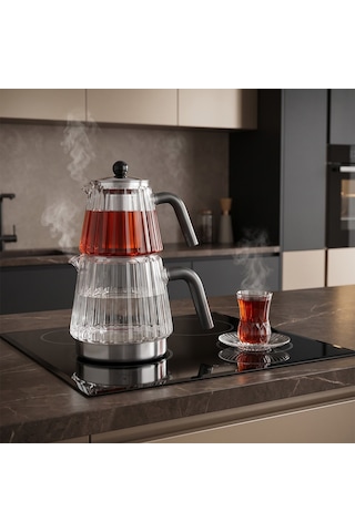 Jumbo Aura Glass İndüksiyon Tabanlı Çelik Çaydalık Şeffaf