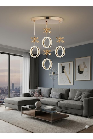 Zero Model 4"lü Kristal Taşlı Gold 3 Renk Modu Ledli Salon Mutfak Oturma Odası Sarkıt Led Avize Metalik