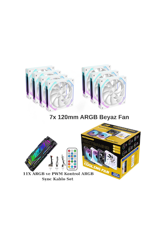 Ng-o120w 7 Adet 120mm Kasa Argb Fan 11x Argb Pwm Slot Kontrolcü Ve Kumanda Beyaz