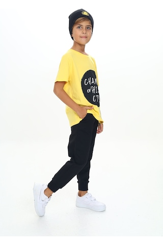 Toontoy Kids Toontoy Erkek Çocuk 2'li Takım Baskılı Bisiklet Yaka Kısa Kollu T-shirt & Beli Paçası Lastikli Cepli Jogger Eşofman Altı - Renk Bloklu & 2 İplik Sarı