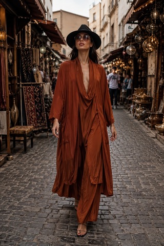 Bohem Stil Italyan Ipek Detaylı Oversize Kap Bluz- Wes Pantolon Takım Kiremit