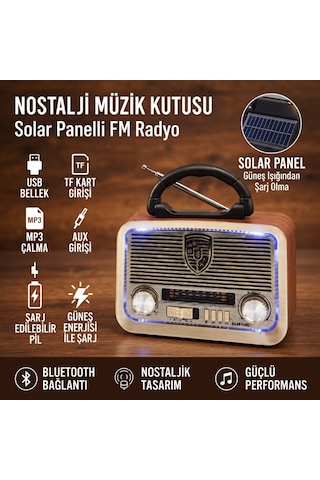 Büro Ev Ofis si İçin Solar Şarjlı Led Fenerli Bt Retro Fm Radyo