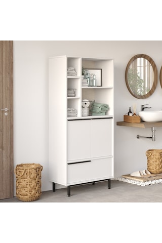 Yurudesign Ocean Banyo Dolabı Çok Amaçlı Dolap 3 Kapaklı Metal Ayaklı Beyaz On9C-W Beyaz