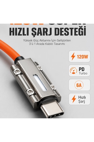 Led Göstergeli 120w Pd Turbo Destekli Premium 3'ü 1 Arada Şarj Kablosu