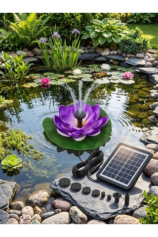 Güneş Enerjili Mor Lotus Çiçekli Solar Fıskiye - Dekoratif Bahçe Süs Havuzu - Havuz Süsü