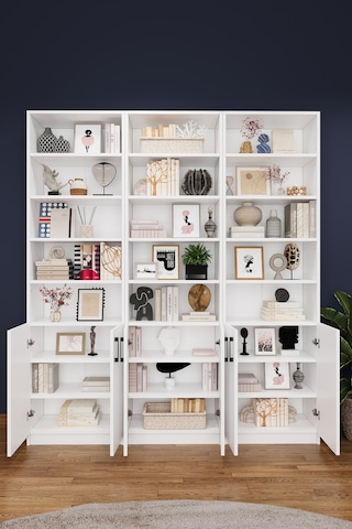 Asra Trend K-50 %100 MDF 180 cm 3 Modüllü Kapaklı Kitaplık Raflı Kütüphane Beyaz