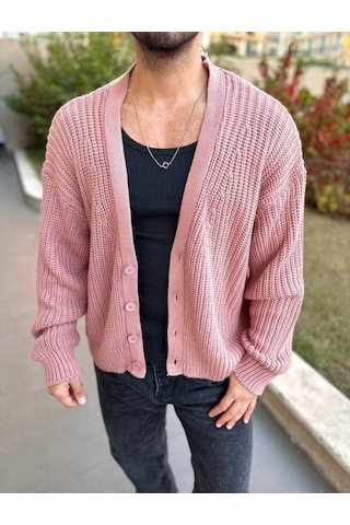 Elku Moda Hırka Triko Örgülü Desenli Örgü Hırka Şal Yaka Tüylenmez Naturel Pamuk Düğmeli Hırka Pembe