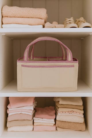 Anne Bebek Kalın Keçe Bakım Çantası Yenidoğan Için Organizer Düzenleyici Çok Amaçlı Bej Pembe Overlok Detay