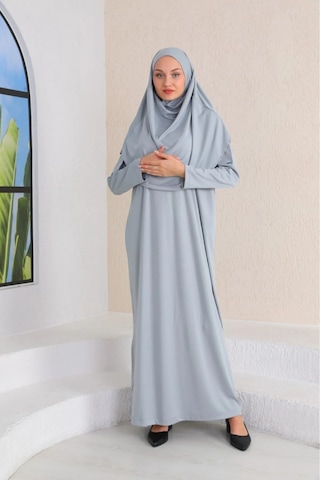 Tek Parça Namaz Elbisesi Gümüş Gri-21002 Gül Kurusu