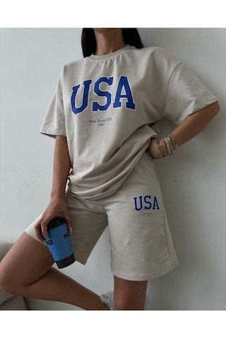 Usa T-shirt Şort - Alt Üst Takım Şort Tişört Kombin Baskılı Bisiklet Yaka Bej