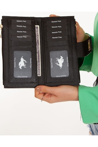 Newısh Polo Accessorıes Kadın Siyah Vegan Deri Para Kart Telefon Bölmeli Bilek Askılı Cüzdan Kartlık Portföy Siyah