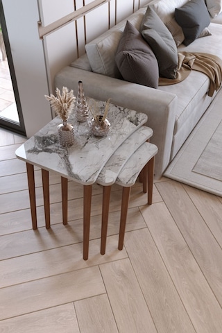 Zuesse Dizayn Reyhan 3lü Zigon Sehpa & Yan Sehpa Ahşap Ayaklı Salon Seti Çay Sehpası - Beyaz Mermer
