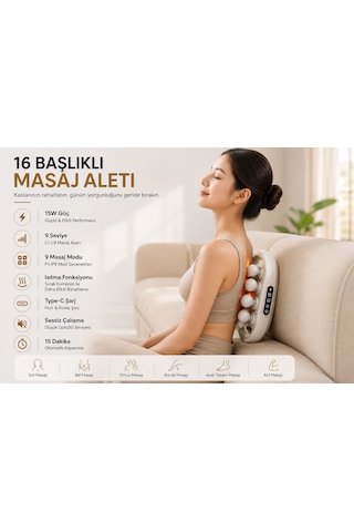 16 Başlıklı Isıtmalı Masaj Aleti 9 Seviye 9 Mod Sıcak Kompres Type-c Şarjlı Dijital Ekranlı Tüm Vücut Masaj Cihazı Beyaz