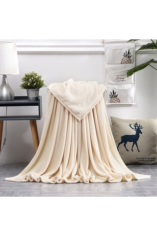 Qingmipy Ev Kullanıma Mükemmel Makyajlı, Konforlu Ve Dayanıklı Krem Renkli Koral Yünlu Battaniye - 100x140 Cm, 320 Gr Diğer