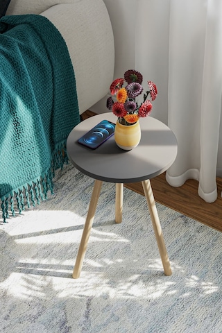 İntergo Yuvarlak Ahşap Ayaklı Tekli Zigon Yan Sehpa Antrasit Gri