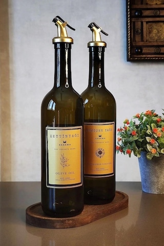 Khakma Ahşap Standlı Zeytinyağı Sıvıyağ Şişesi Yağdanlık 2'li Amber - Gold 750 ML