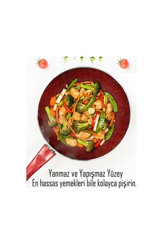 Bonetti Granit Kırmızı Wok Tava 26 Cm Yapışmaz Yüzey Kırmızı