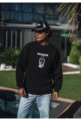 Efnaz Style Kışlık Bisiklet Yaka Baskılı Sweatshirt - Siyah