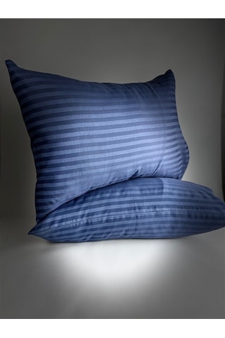Çizgili Saten Indigo Mavi 2 Adet 50x70 Yastık Kılıfı Mavi