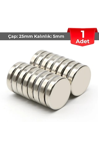 1 Adet Neodyum Mıknatıs Çap: 25mm Kalınlık: 5mm D25x5 Ndfeb Güçlü Mıknatıs Yuvarlak N087