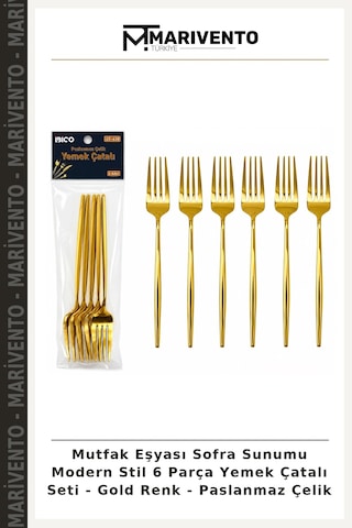 Mutfak Eşyası Sofra Sunumu Modern Stil 6 Parça Yemek Çatalı Seti - Gold Renk - Paslanmaz Çelik Çok Renkli