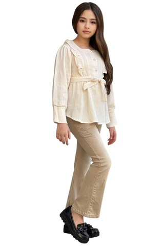 Kız Çocuk Bluzu Fırfırlı Düğme Kapama Kot Pantolonlu İkili Takım Bej