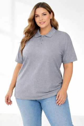 Buğrahayalin Pike Kumaş Düğmeli Yaka Battal Büyük Beden Günlük Kısa Kol Tişört T-shirt - Gri Gri