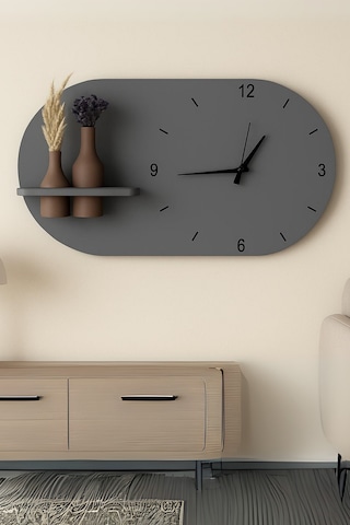 Modern Tasarım Raflı Nera Duvar Saati 75x45 Gri