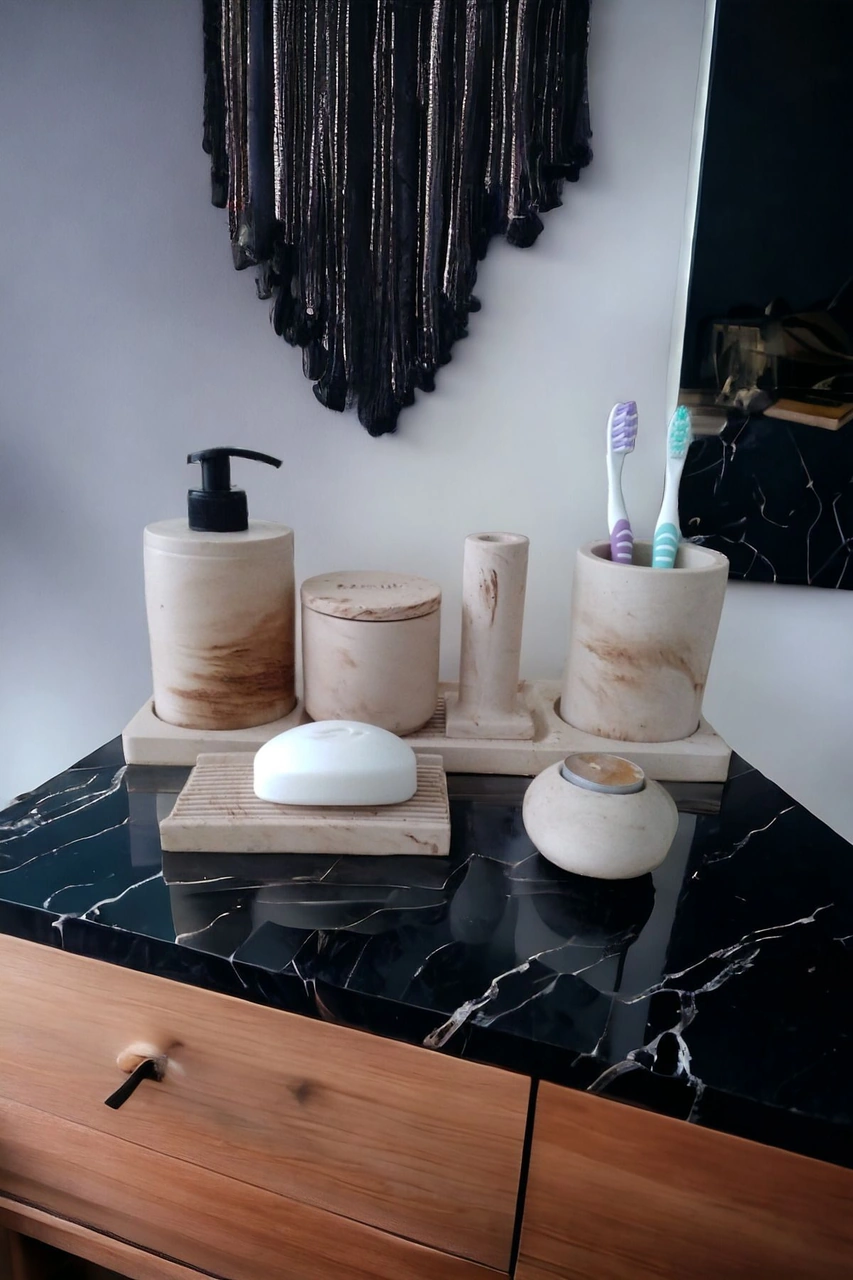 Mermer Desen Bej Banyo Seti , Sıvı Sabunluk Diş Fırçalığı Beton Aksesuar Takım Bej
