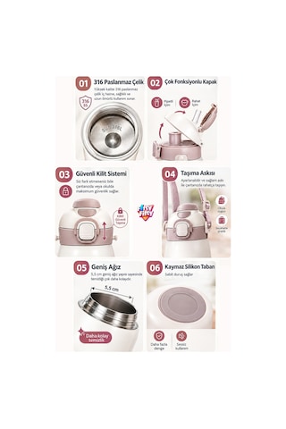 Dıller 420 Ml Pipetli/pipetsiz Tek Kapak Çift Kullanım Askılı Çelik Termos Su Matarası 6 Saat Sıcak/soğuk Beyaz