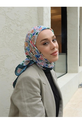 Moda Kaşmir Modern Flora Desen Bambu Eşarp Zümrüt-beyaz