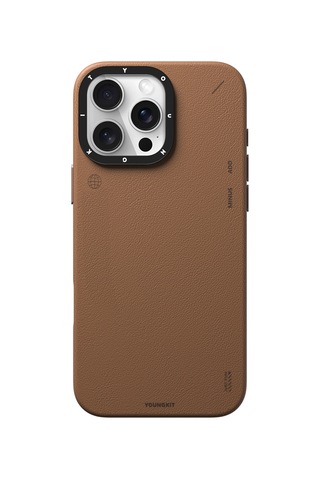 Apple Uyumlu iPhone 15 Pro Kılıf Magsafe Özellikli Basit Mat Deri Desenli Youngkit Tech Fashion Serisi Kahverengi Kahverengi