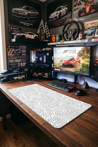 Beyaz Siyah Topografik Harita 40x90 Cm Oyuncu Mousepad Kaymaz Taban Büyük Boy Mousepad