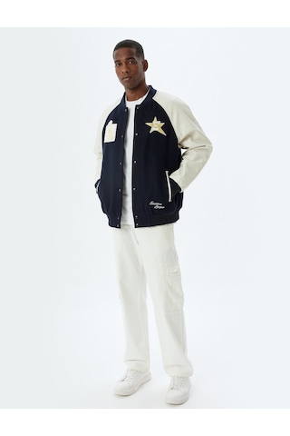 Koton Kolej Ceket Baskılı Bomber Yaka Slim Fit Cepli Çıt Çıt Düğme Detaylı Lacivert 5wam20126hw