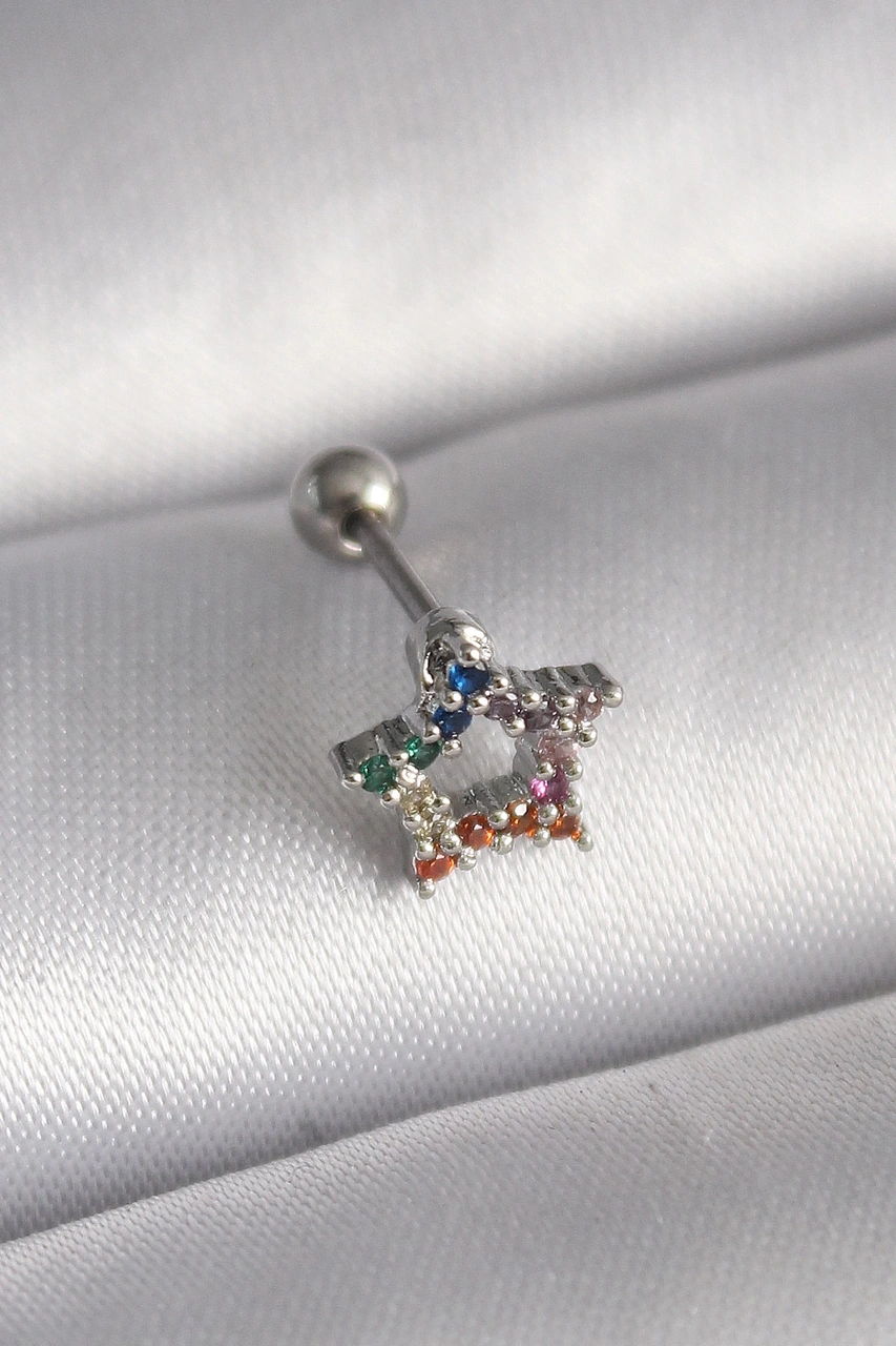 Dodes 316l Çelik Gümüş Renk Renkli Zirkon Taşlı Yıldız Model Tragus Piercing Tg27pr1355 Çok Renkli