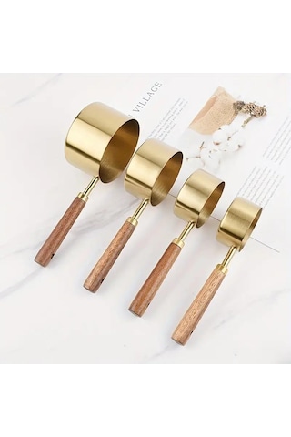 Valkyrie 4 Adet Büyük Boy Paslanmaz Çelik Ahşap Saplı Ölçü Kaşığı Seti Ölçü Kabı 60ml 80ml 125ml 250ml Altın