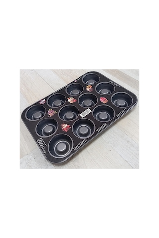 12'li Teflon Kaplama Yapışmaz Çelik Muffin Kek Kalıbı Siyah