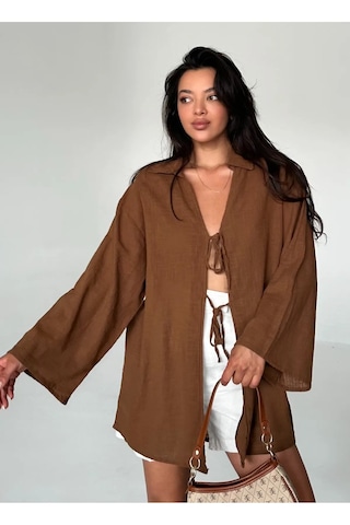 Kahve %100 Keten Bağcık Detaylı Kimono Bluz - 5218 Kahve