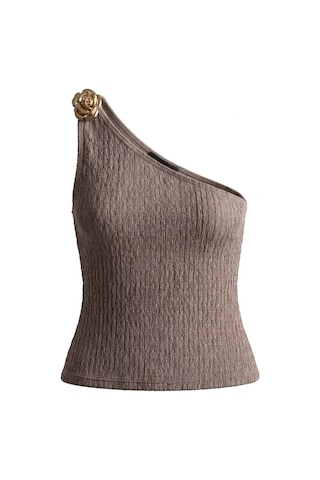 Cottonhıll Premium - Tide Collection Vizon Tek Omuz Çiçek Aksesuarlı Bürümcük Dokulu Kadın Crop Bluz VİZON