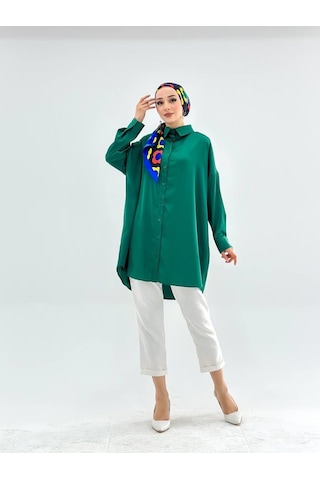 Vioshine Vıoshıne Kadın Oversize Saten Gömlek-yeşil Yeşil