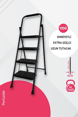 Portalife 4 Basamaklı Uzun Tutacaklı Şık Siyah Çelik Merdiven 150 Cm'ye Kadar Portalife 4 Basamaklı Uzun Tutacaklı Şık Siyah Çelik Merdiven 150 Cm'ye Kadar