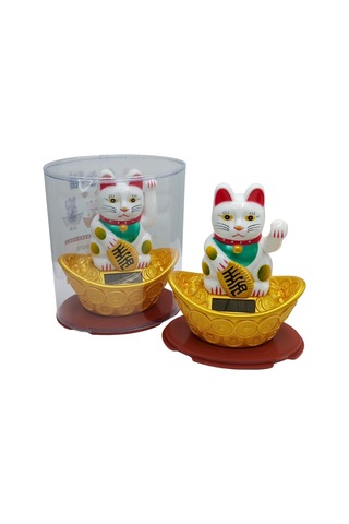 Maneki Neko El Sallayan Şans Kedisi Beyaz Solar Güneş Enerjili 14x12cm No3byz