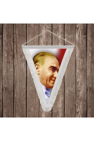 Yan Portre Atatürk Beyaz Saçaklı Üçgen Flama Bayrak Hatıra Flama Ata45 Diğer