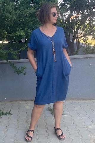 Mia Butik Büyük Beden Lacivert Kolye Hediyeli Salaş Elbise Lacivert