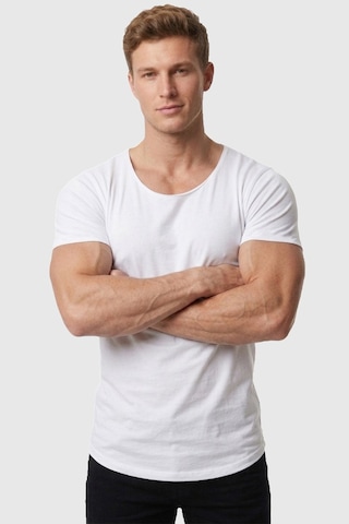 Deepsea Erkek Beyaz Geniş Yaka Likralı Tişört Oval Yaka Slim Fit Eteği Oval Açık Yaka T-shirt 1801199 Beyaz