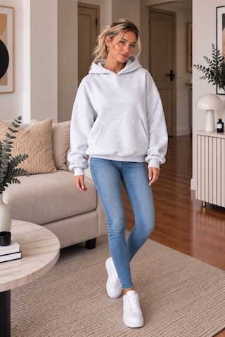 Lima Gri Kadın Kapüşonlu Oversize Sweatshirt Kanguru Cepli Düz Renk Uzun Kollu Sweat