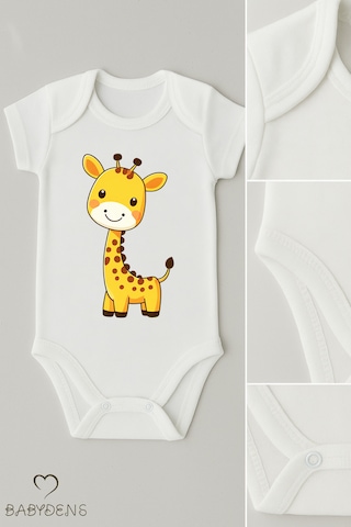 Babyden's %100 Pamuklu Sevimli Hayvan Figürlü Bebek Body Unisex Çıtçıtlı Kısa Kollu Zıbın Zürafa Beyaz