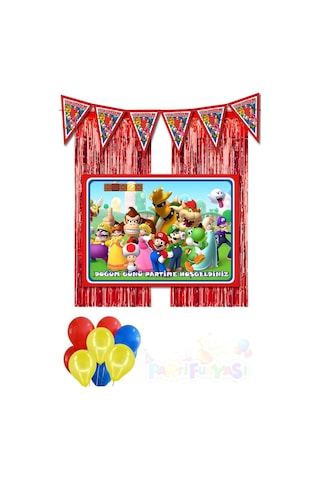 Süper Mario Lüks 70x100 Cm Afişli Doğum Günü Süsleri Seti