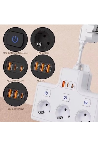 Termal Akım Korumalı 3 Lü Duvar Tipi Priz 1x Usb 2x Type-c Çıkışlı Grup Priz Çoğaltıcı 3500w 0-2