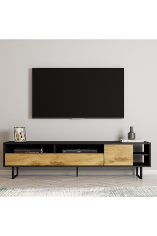Luga Kapaklı Tv Ünitesi, Tv Sehpası - Metal Siyah Ayak - Gri/traverten - Siyah/kilim Siyah/kilim